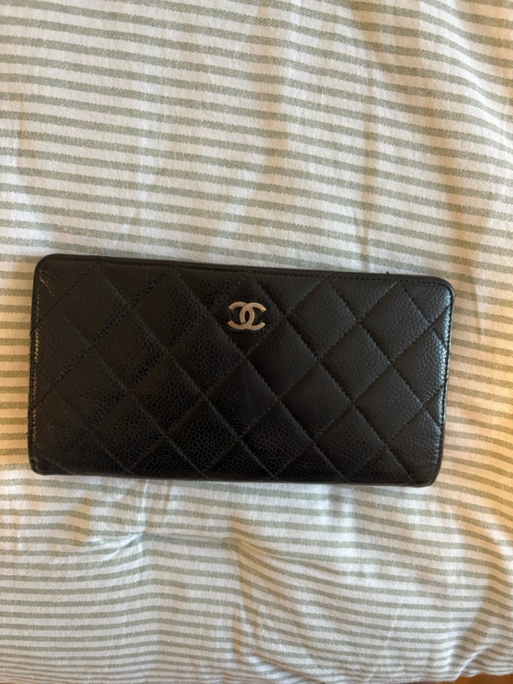 CHANEL Black Quilted Leather Zip-Around Key & Card Holder with Silver CC
